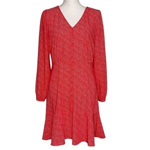Loft Red Hearts Print Long Sleeve Short Dress V-Neck Valentine Women Size M